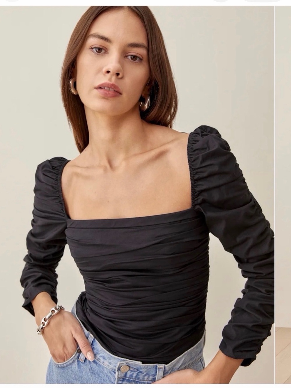 Reformation Black Ruched Square-Neck Blouse